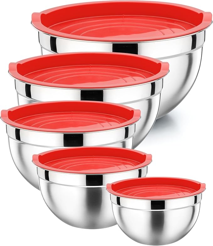 P&P CHEF Metal Mixing Bowls with Lids Set, Airtight Lids & Red | 5 PCS Stainless Steel Mixing Nesting Bowls for Kitchen Prepping, Storing, Healthy & Easy Clean, Size 4.6, 3, 1.5, 1, 0.7 QT