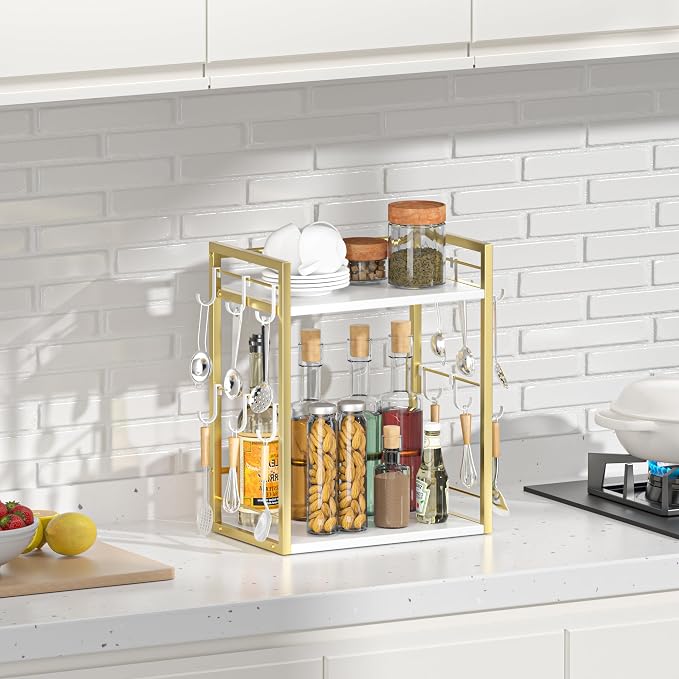 Dorhors Coffee Bar Organizer,Mug Holder,Station Organizer Kitchen Counter | 2 Tier Gold + White Wood Coffee Bar Accessories with 12 Hooks,Countertop Shelf for Mug,Syrup and Accessories