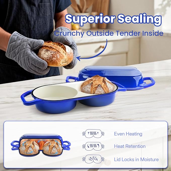 YONILL Mini Double Dutch Oven with Lid for Sourdough Bread Baking (Blue) | Enameled Cast Iron Pot with Lid, 5" Banneton Bread Proofing Basket Include, Dual Round Bread Loaf Pan for Homemade Baking