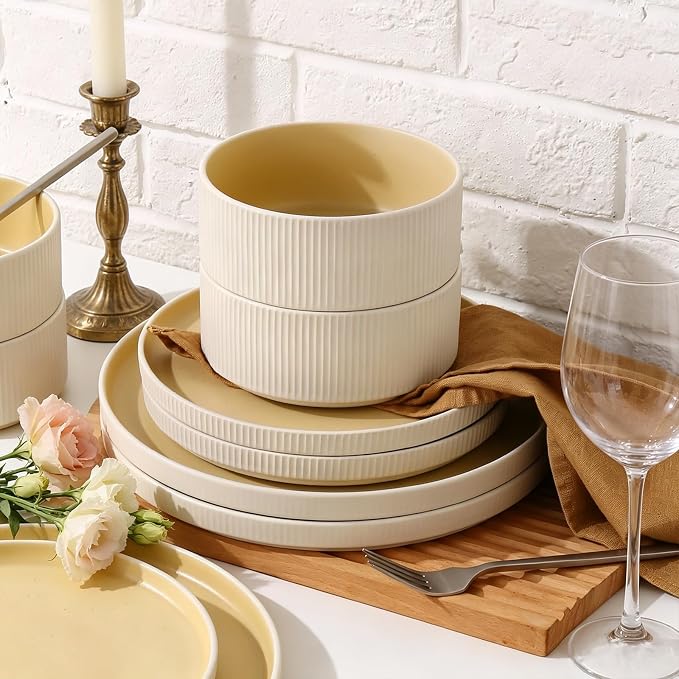 18PCS Ceramic Dinnerware Set for 4,Stoneware Plates and Bowls Sets | Reactive Glaze Dish Set,Scratch Resistant Tableware Set,Reactive Glaze,Microwave & Dishwasher Safe,White Orange