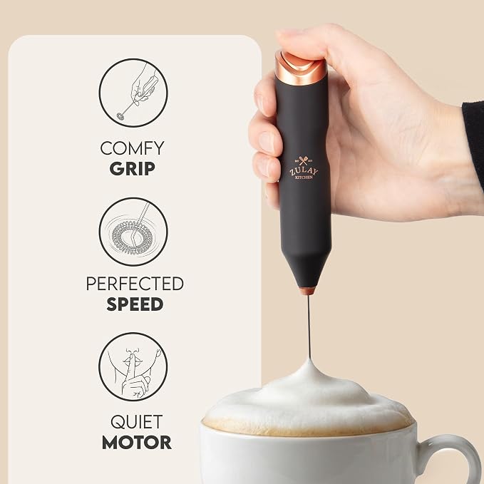 Zulay Kitchen Powerful Frother Wand AA Batteries Included, Ultra Fast Handheld Drink Mixer, Comfort Milk Frother, Stainless Steel Whisker, Frother Handheld for Coffee, Protein & Matcha - Frothmate 2.0