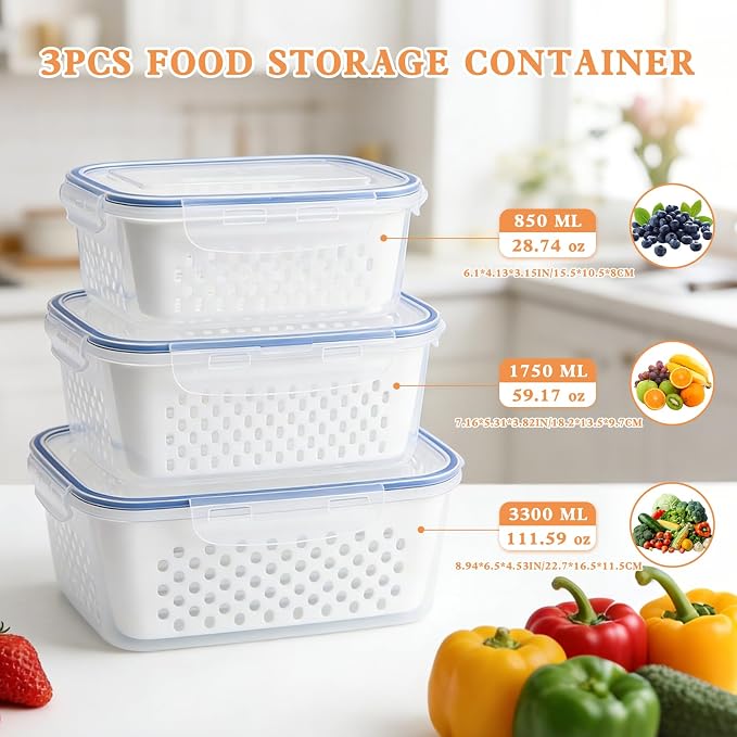 3PCS Fruit Storage Containers, Fruit Storage Containers With Lid And Colander, Household Transparent Plastic Food Storages Box-Including Drain Basket, Multipurpose Large For Fridge