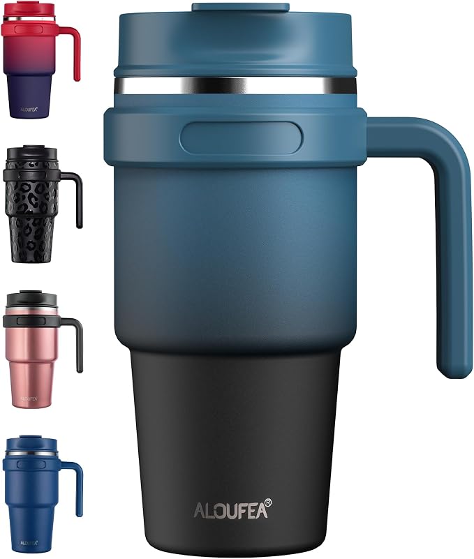20 oz Insulated Travel Coffee Mug Tumbler with Handle and Straw | Leakproof Stainless Steel Coffee Cup with Lid, Double Wall Vacuum Ice Thermal Cup, Indigo Black