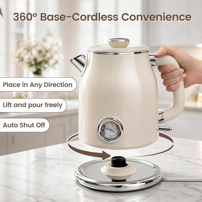 Mecity Retro Electric Kettle 1.7L, Stainless Steel Interior, Food-Grade Silicone Water Contact, Double Wall Cool Touch, 1500W Fast Boil, Thermometer (°F/°C), Wide Opening, Cream