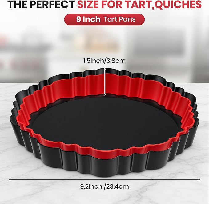 New 9 Inch Tart Pan with Removable Bottom,Non-Stick Carbon Steel Quiche Pan | Includes Crust Shaper Ring | Fluted Pie Pan Quiche Baking Dish Fruit Tart Mold for Baking, Party, Festival | Pies & Quiches
