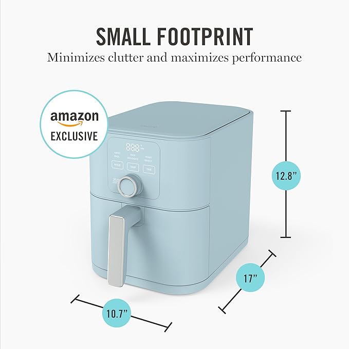 Martha Stewart 6-Quart Air Fryer, 6 Presets, Space Saving, Sky Blue | 3lb Capacity, PFAS-Free Ceramic Nonstick Basket & Tray, Bake, Roast, Broil, Dehydrate, Reheat, Shake Reminder, Heat up to 400