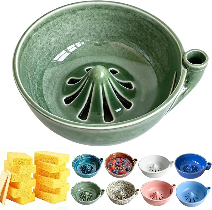 Self Spinning Ceramic Berry Washing Bowl with Drain Holes, 7'' Kitchen Fruit Washer Spinner Bowl with 10pcs Sponges，Green A