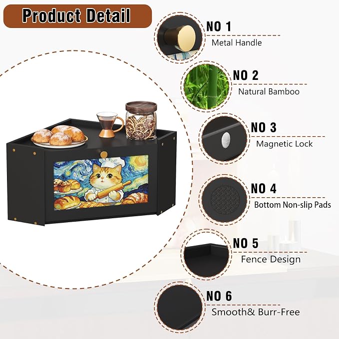 Trironsun Bread Box for Kitchen Counter Van Gogh Inspired Starry Night Cat Bread Storage Container with Acrylic Door Cute Baker Cat Design Unique Breadbox Organizer (Black, 1 Layer)