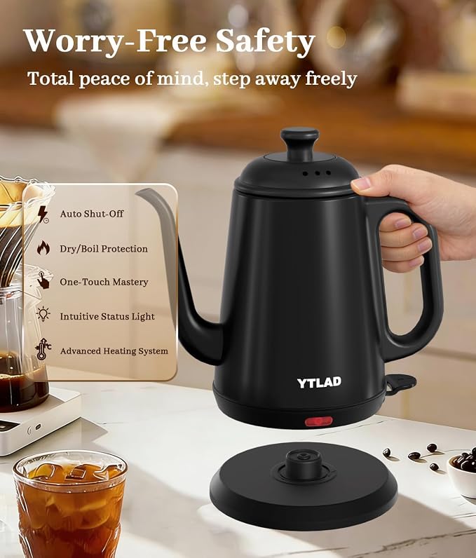 Gooseneck Electric Kettle 1L, 1000W, Pour-Over Coffee & Tea | Precise Flow Spout, 304 Stainless Steel, BPA-Free, Fast Boiling, Auto Shut-Off & Boil-Dry Protection, Retro Design (Black)