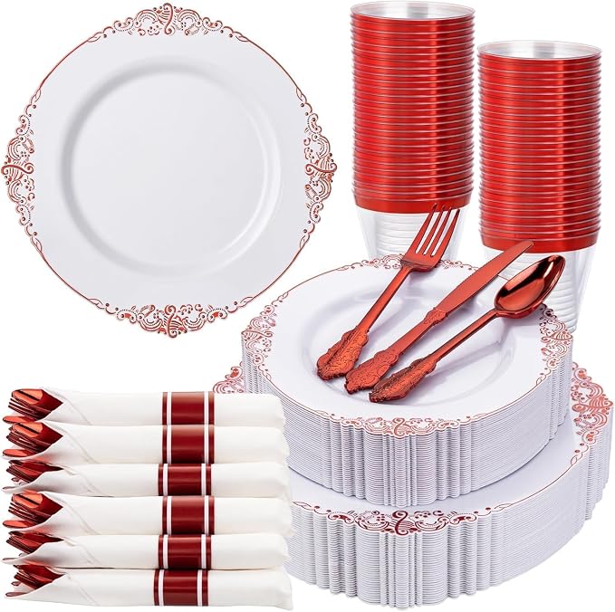 Nervure 175Pcs Red Plastic Plates, Red Plastic Dinnerware Set for 25 Guests | 25 7.5" Dessert & 25 10.25" Dinner Plastic Plate, 75 Cutlery, 25 9oz Cup, 25 Napkin for Wedding & Party, BPA-free, Heavy-duty