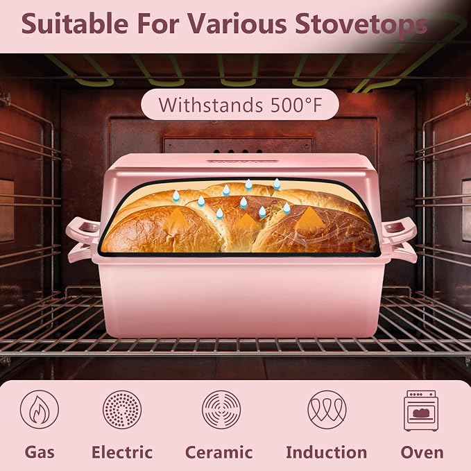 Wildone Enameled Cast Iron Bread Loaf Pan with Lid, 9x5 Sourdough Baking Pans for Homemade Bread, Cake, Meatloaf, Even Heating Bread Pans, 2-Piece Set, Pink