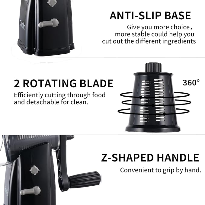 Upgrade Rotary Cheese Grater Shredder with Handle, Strong Suction Base, Multi-purpose Rotary Grater Slicer with 5 Interchangeable Blades for Ice, Vegetables, Fruit, Nuts with Blade Storage Box