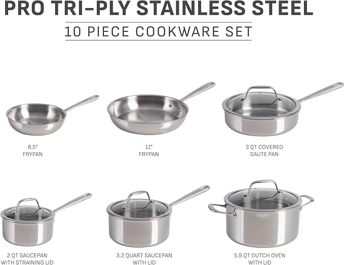 T-fal Pro Tri-Ply Stainless Steel 10-Piece Induction Cookware Set | NSF-certified, oven safe to 500°F, glass lids to 350°F, measuring marks inside, all cooktops including induction