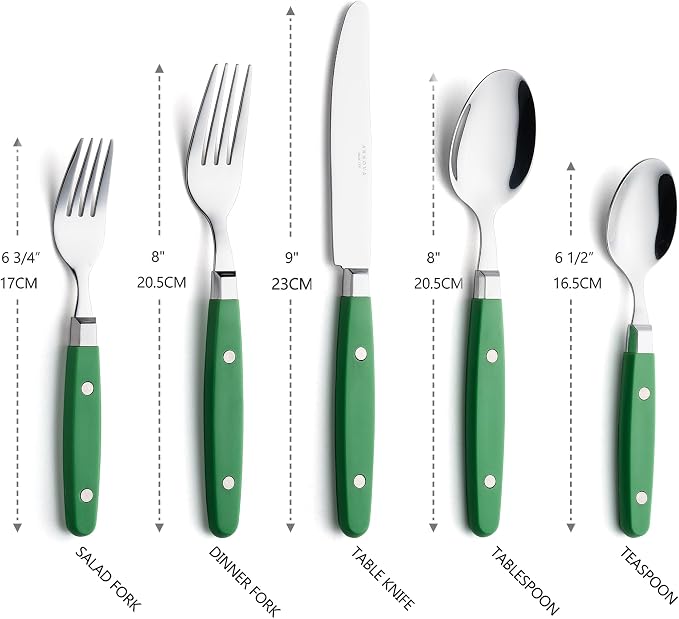 ANNOVA Silverware Set, Retro/Rivet Colorful Stainless Steel Tableware Kitchen Flatware Set Utensils, Includes Dinner Knives, Forks, Spoons, Salad Forks & Dessert Spoons (Green New, 20 Pieces)