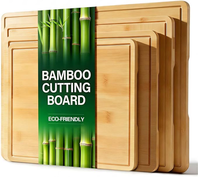 Zarler Bamboo Cutting Boards for Kitchen, 4 Piece Durable Wood Cutting Board with Juice Grooves and Handles, Wooden Chopping Board Set for Meal Prep, XL Size, Ideal Kitchen Gift