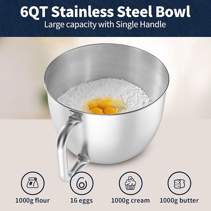 Stand Mixer, 6QT Mixers Kitchen Electric Stand Mixer, Dough Mixer Gray | 600W Tilt-Head Kitchen Mixer with Stainless Steel Bowl, Dishwasher-Safe Dough Hook, Flat Beater, Wire Whisk, Splash Guard