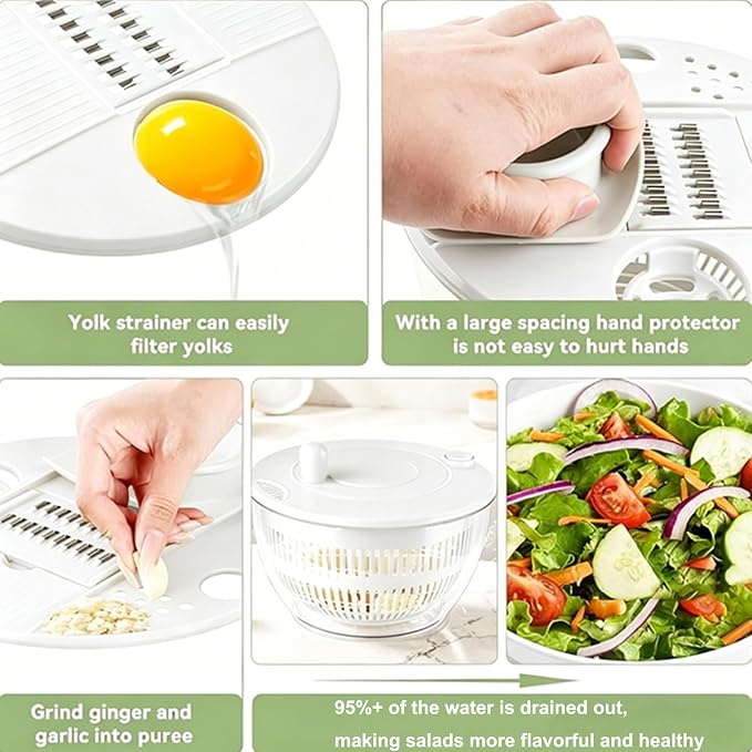 Ceruaxb Salad Spinner Chopper, 5.3 Qt Lettuce Dryer with 5 Blades, White | Vegetable and Fruit Wash Bowl, Kitchen Colander, Egg Yolk Strainer, Slicing and Shredding, Rinsing, Draining and Food Prep