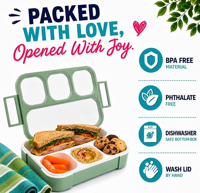 kinsho Bento Lunch Box And Snack Container Set For Kids And Adults - Large 4 & Small 3 Divided Food Compartments - Portion Control Meal Prep - Reusable for School Work Travel - 2 Pack Green Blue Set