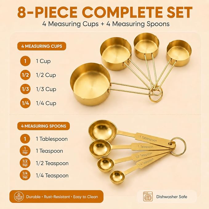 Gold Measuring Cups and Spoons Set, 8 Piece Stainless Steel Measuring Cup and Spoon Set for Baking and Cooking, Stackable Gold Kitchen Measuring Utensils for Dry and Liquid Ingredients
