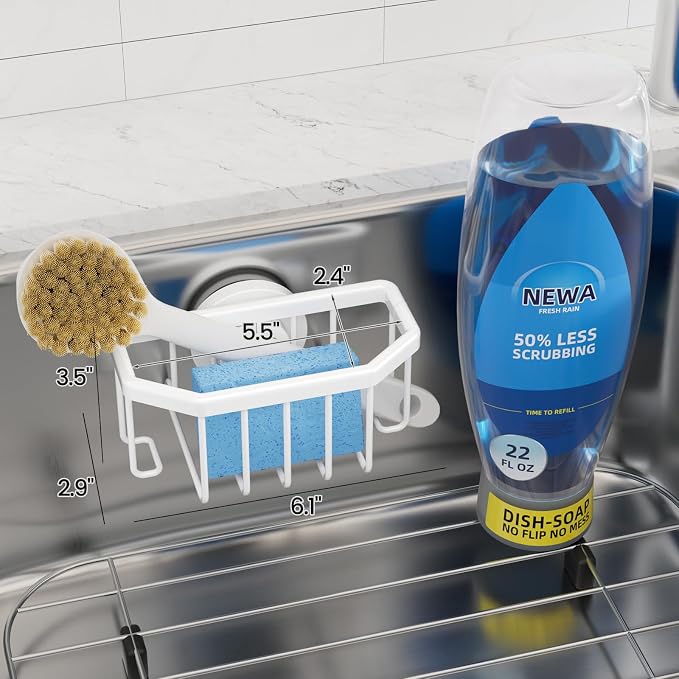 TAILI White Sponge Holder for Kitchen Sink with Strong Suction Cup | Dish Sponge Caddy Inside Sink Removable, Rustproof Aluminum for Sponges, Brushes, Stoppers and Scrapers