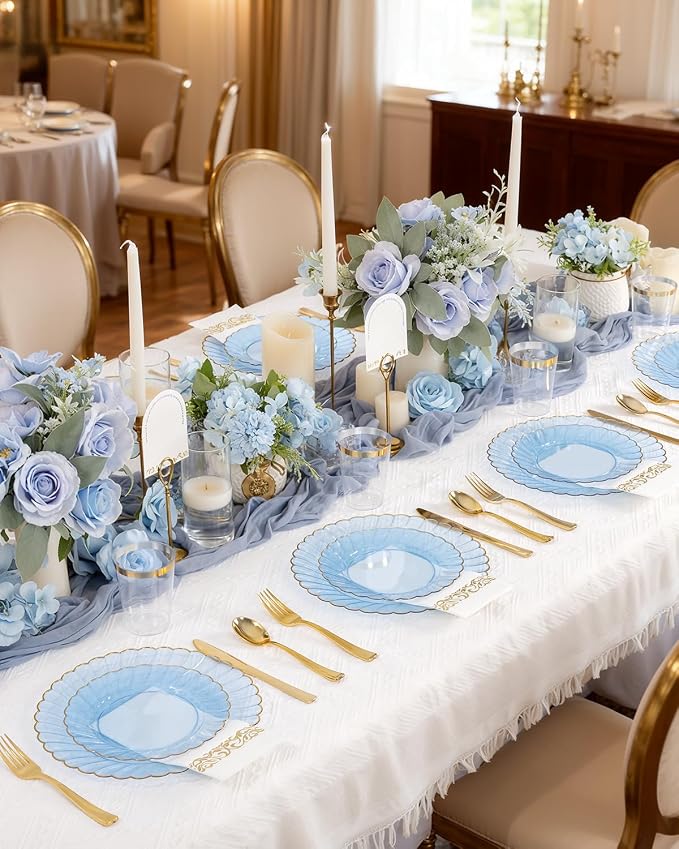 YOUBET 175PCS Clear Blue Scalloped Plastic Plates for Party Wedding | Blue and Gold Disposable Dinnerware Set Include 50 Plates, 75 Gold Silverware, 25 Cups, 25 Napkins for Baby Shower