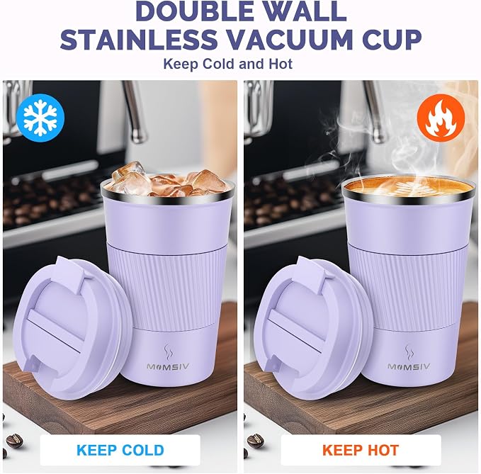 MOMSIV 12oz Travel Coffee Mug, Insulated Coffee Cup with Leakproof Lid | 6-Hour Heat Retention, 360°Leak proof, Vacuum Stainless Steel Double Walled, BPA-free, Reusable And To Go Coffee Mug