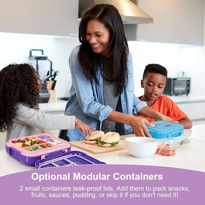 Caperci Bento Box for Kids Age 4-8 - Leak-Proof Toddler Lunch Box Container with 2 Modular Containers & 4 Compartments, Hold 4.8 Cups, Portable Handle, BPA-Free, Microwave/Dishwasher Safe (Unicorn)
