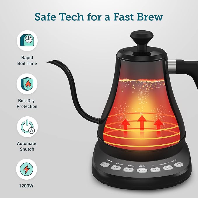 Cosori Smart Gooseneck Electric Kettle, App & Temperature Control, 0.8L | No Plastic Contact with Water, App Control, 4 Presets & Custom Temp (104–212°F), 60-Min Keep Warm, Pour Over Coffee & Tea