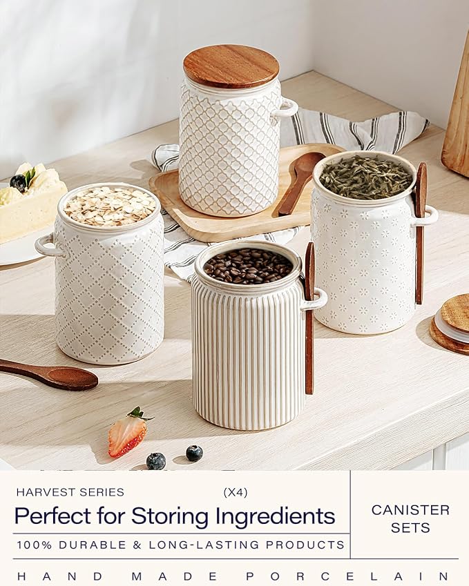 getstar Small Canisters Sets for the Kitchen, 18 oz Sugar Coffee Tea Storage Containers, Ceramic Kitchen Canisters for Countertop Set of 4 with Airtight Lids and Teaspoons