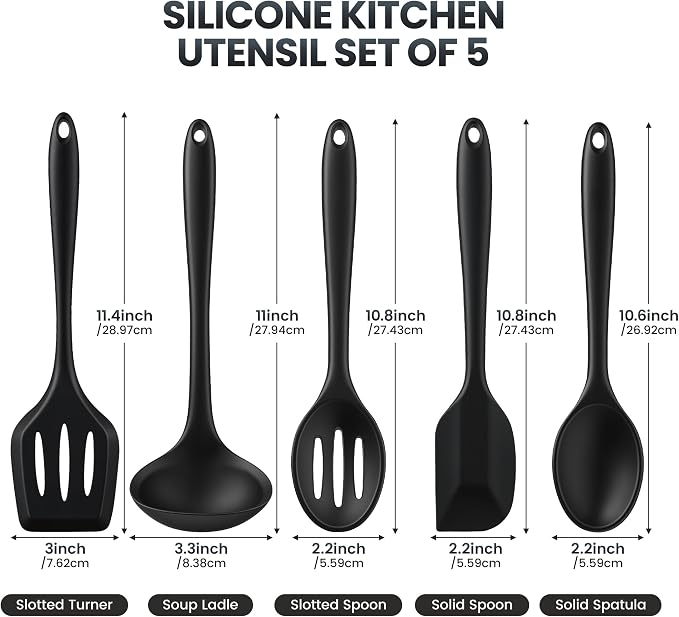 5PCS Silicone Kitchen Utensils Set, Non Stick Cooking Tools, Black | Silicone Spatula/Turner/Spoons/Soup Ladle | Heat Resistant | Dishawasher Safe