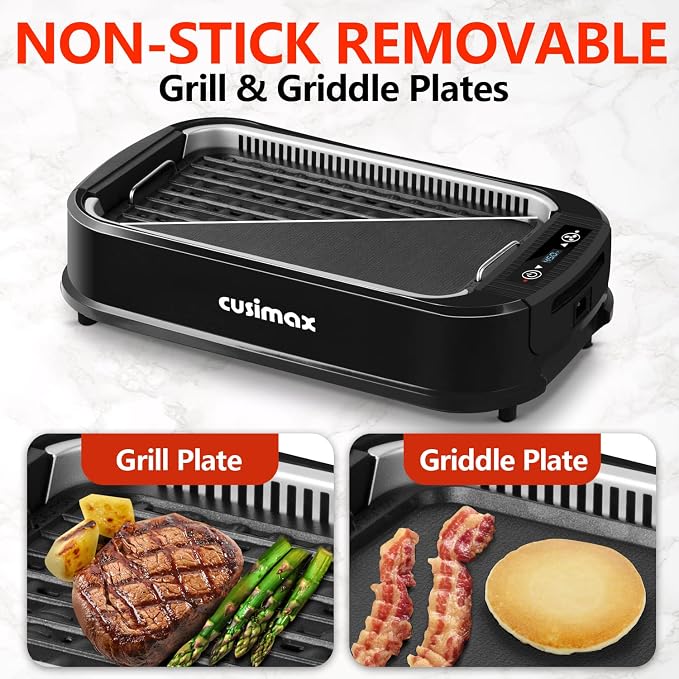 Indoor Grill, CUSIMAX Smokeless Grill Indoor, 1500W Electric Grill Griddle | Korean BBQ with Smart LED Display & Tempered Glass Lid, Non-stick Removable Grill Plate & Griddle Plate, Easy Cleanup, Black