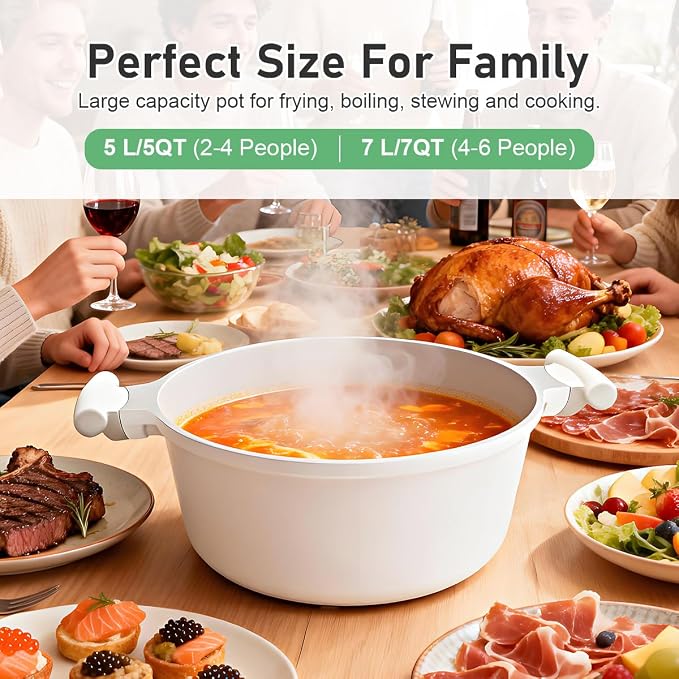 AIKENBBKK 7 QT Ceramic Stock Pot with Lid, Non Stick Cooking Pot, Soup Pot Nonstick, Induction Cookware for Pasta, Soup, Spaghetti, Stay-Cool Handle, Suitable for All Stoves, PFAS-Free, White