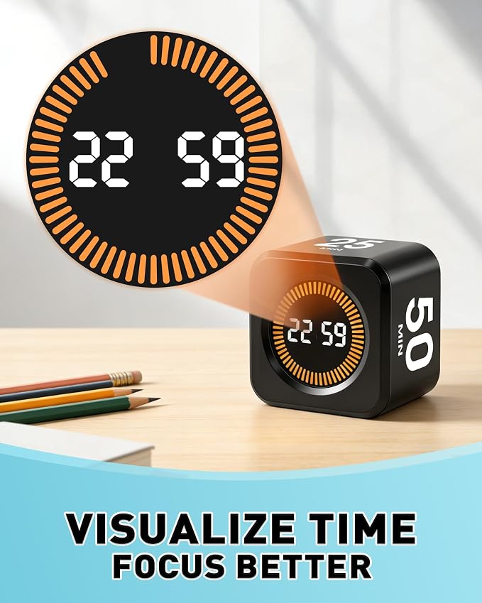 Pomodoro Timer Cube for Productivity — 5/25/10/50 Minutes Preset, Digital Gravity Sensor Desk Visual Timer for ADHD, Silent Mode, Ideal for Office, Study, Kitchen & Kids