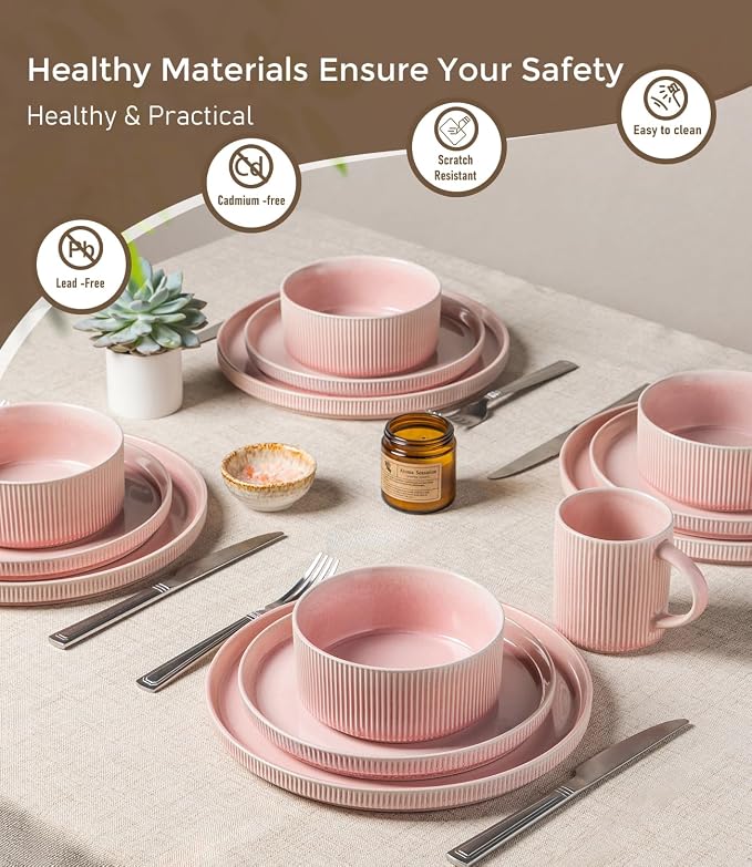 GBHOME Stoneware Dinnerware Sets for 4,12-Piece Plates and Bowls Set | Handmade Reactive Glaze Ceramic Dish Set, Scratch Resistant, Dishwasher&Microwave Safe,Blush Pink