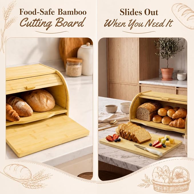 Sawysine Large Bamboo Bread Box with Cutting Board, 17.5" x 11" x 8.6" | Roll Top Bread Storage Box for Kitchen Countertop, Farmhouse Bread Keeper Organizer for Loaves, Bagels, Pastries and Baked