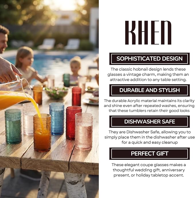 Khen Plastic Hobnail Drinking Highball Glasses Set of 6 Neutral Tones Cups 14oz, Shatterproof & Unbreakable Acrylic Beaded Design, BPA-Free, Dishwasher Safe Indoor/Outdoor Drinkware Water, Cocktails