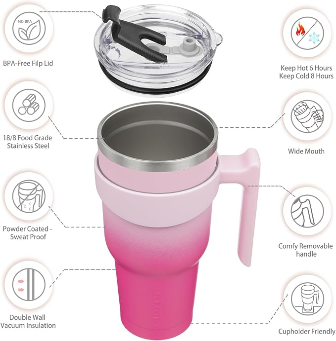 BJPKPK 40 oz Tumbler with Handle & Straw, Insulated Stainless Steel Mug | Double Wall Vacuum, Keeps Hot/Cold, Thermal Cup, BPA Free, Dishwasher Safe, Cupholder Fit, Coffee & Travel, Cherry Blossom