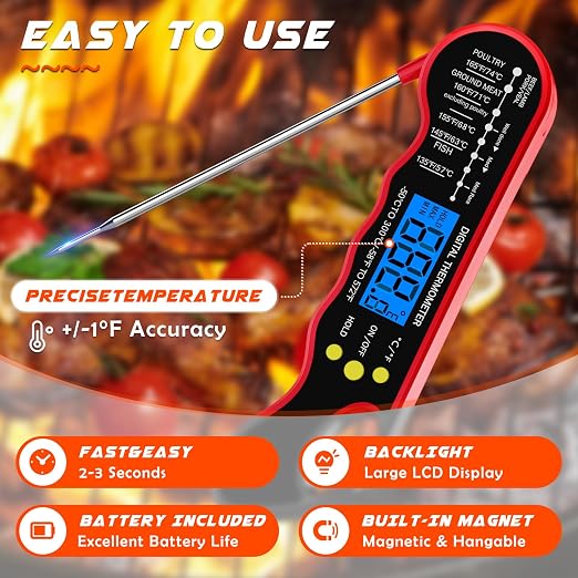 TRAUSI Instant Read Meat Thermometer, Fast & Accurate Digital Food Thermometer with Backlight, Waterproof & Magnet for Grilling, Cooking, BBQ, Smoker, Baking, and Candy Making Red
