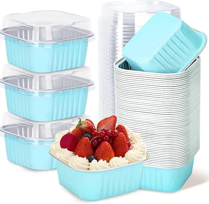 30Pack 5oz Mini Cake Pans with Lids Baking Cups Aluminum Foil Pans Tins, Individual Dessert Cups Containers for Sales,Party,Picnics Sky Blue