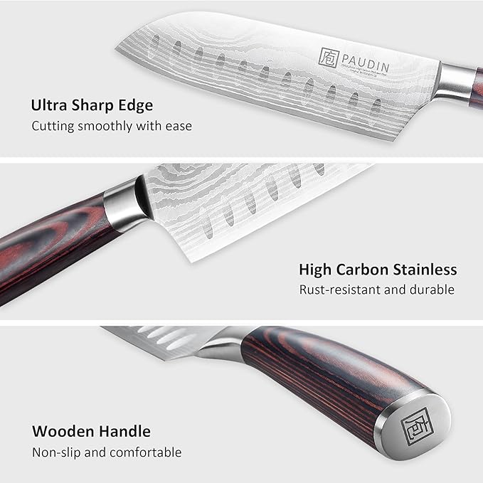 PAUDIN Santoku Knife, 5 inch Chef Knife, Ultra Sharp Kitchen Knife | Japanese Chef Knife with Sheath, High Carbon Stainless Steel, Ergonomic Pakkawood Handle