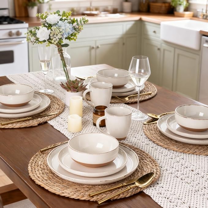 AmorArc Dinnerware Sets for 6, 18 Pieces Ceramic Plates and Bowls Set | Scratch Resistant Stoneware Dishes Set, Dishwasher & Microwave Safe, Light Beige