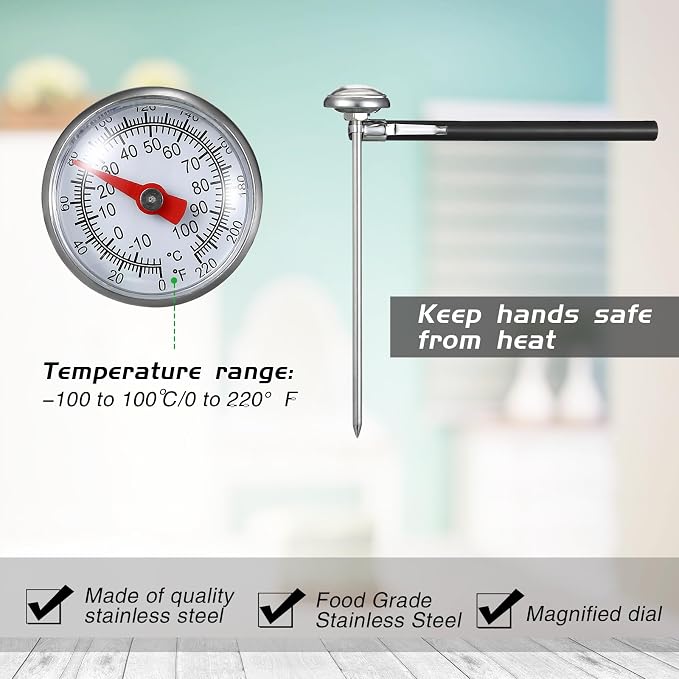 Xuhal 24 Pcs Stainless Steel Kitchen Thermometer with 5 Inch Long Stem 1 Inch Dial Thermometer Milk Frothing Food for Oven Probe Meat Grill BBQ Cooking Chocolate Water (Black)