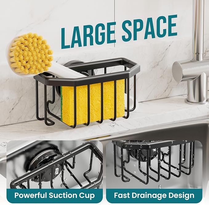 TAILI Sponge Holder for Kitchen Sink with Strong Suction Cup-Black | Removable Sink Caddy for Kitchen Sink Oganizer, Rustproof Aluminum Sink Sponge Holder for Scraper Brushes, Stoppers