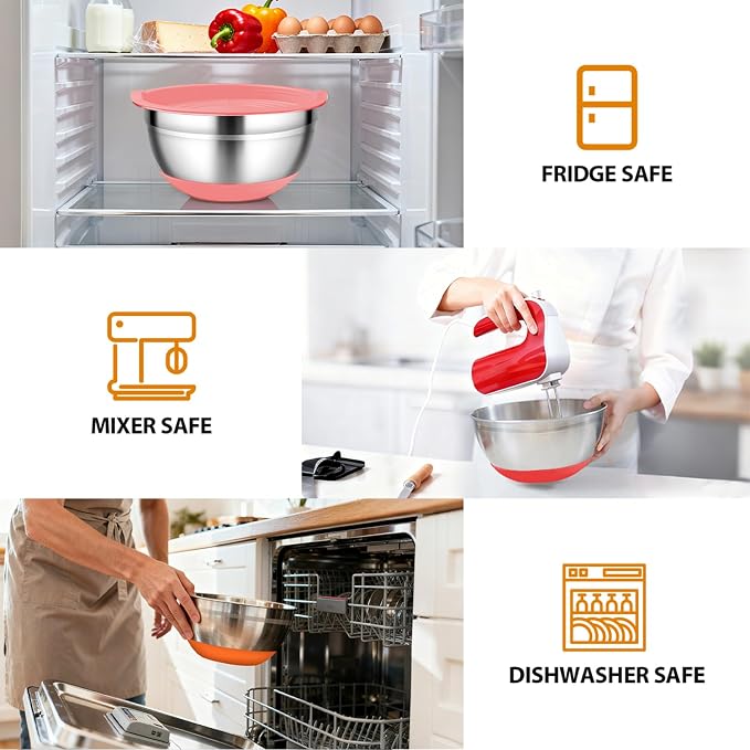 Mixing Bowls with Airtight Lids, 18pcs Stainless Steel Mixing Bowls Set | Nesting Non-slip Silicone Bowls Bottom, Size 4.5, 3.6, 2.7, 2.1, 1.7, 1.1, 0.7 qt, Fit for Mixing & Serving(Colorful )