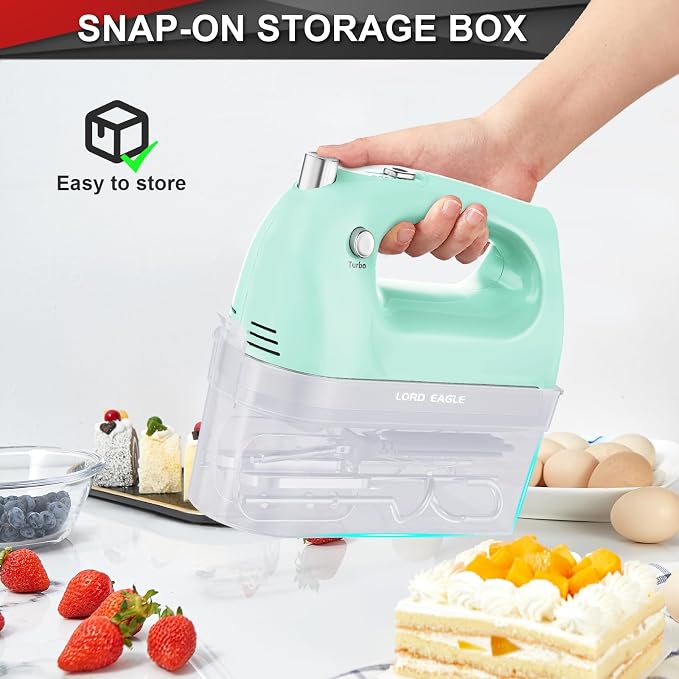 Lord Eagle Hand Mixer Electric Handheld 400W,5-Speed Lightweight, Green | Kitchen Mixer with Storage Case, 5 Stainless Steel Attachments for Baking Cake Egg Cream Food Beater, Turbo+Eject Button