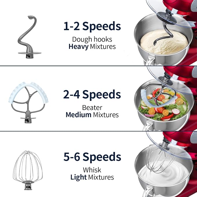 Stand Mixer, 6QT Mixers Kitchen Electric Stand Mixer, Dough Mixer Red | 600W Tilt-Head Kitchen Mixer with Stainless Steel Bowl, Dishwasher-Safe Dough Hook, Flat Beater, Wire Whisk, Splash Guard