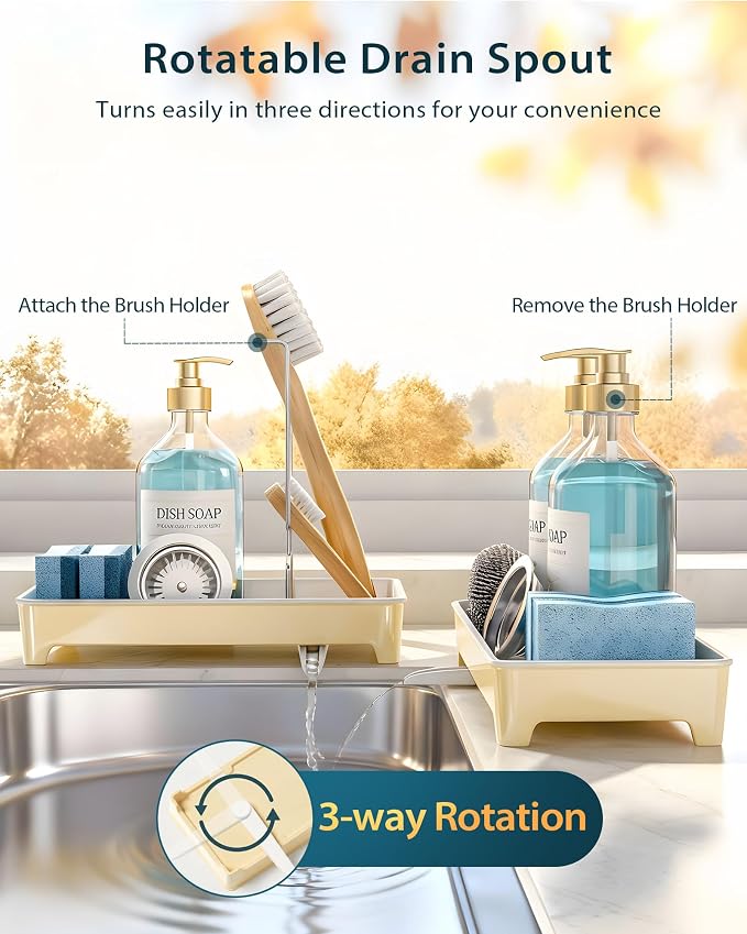 Minimalist Sink Caddy, Rustproof Sponge Holder for Kitchen Sink Yellow | Large Rustproof countertop organizer with 304 stainless steel brush holder, raised ridges and silicone drain tube