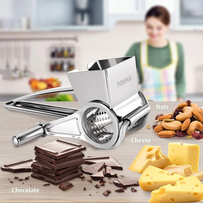 TONMA Multipurpose Rotary Cheese Grater Hand Crank | Cheese Grinder with 1 Stainless Steel Handheld Drum for Parmesan, Pecorino Romano, Mozzarella, Vegetables, Ergonomic Design