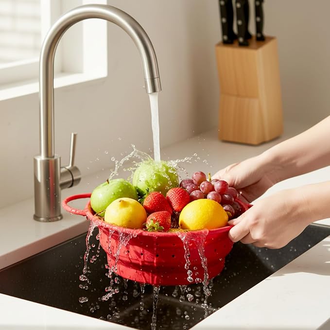 3 Pack Collapsible Colander with Strainer Bowl Set,Red | 11 & 13 In Silicone Colanders for Kitchen, Heat-Resistant Strainer Dishwasher Safe Baskets for Vegetable Fruits