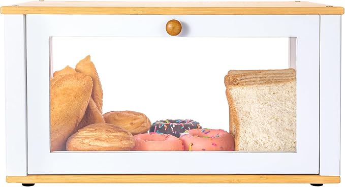 ETMI Glass Bread Box for Kitchen Countertop - Clear White Bread Box Pastry Display case Classic style
